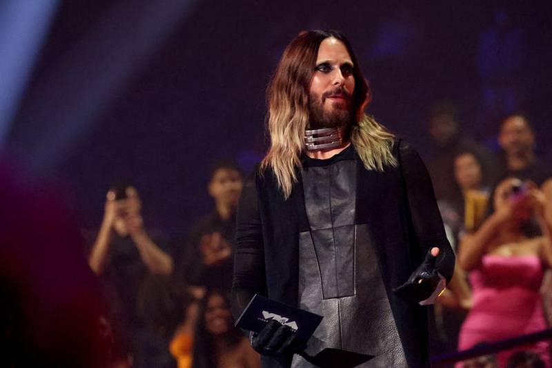 NEWARK, NEW JERSEY - SEPTEMBER 12: Jared Leto of Thirty Seconds to Mars speaks on stage during the 2023 MTV Video Music Awards at Prudential Center on September 12, 2023 in Newark, New Jersey. (Photo by Mike Coppola/Getty Images for MTV)
