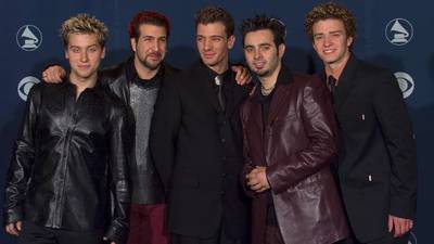 *NSYNC's Justin, Joey, Lance and Chris welcome May with the traditional jokes about ... you know