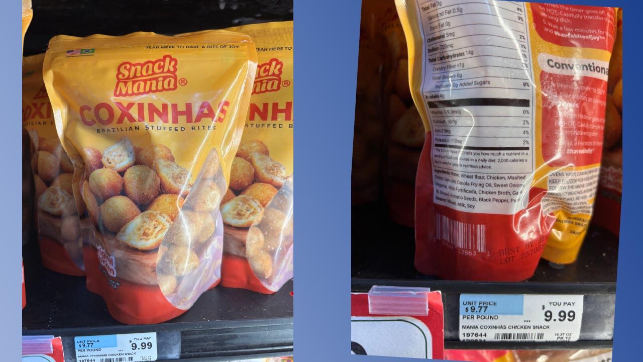 Chicken coxinhas in a bag on a shelf