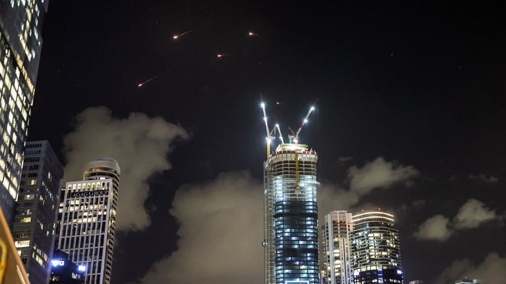 This picture shows projectiles being intercepted by Israel above Tel Aviv on October 1, 2024.